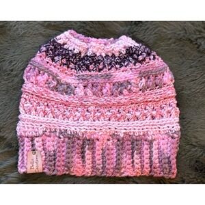 Handmade Crocheted Knit Ponytail Beanie Pink/Black Adult SzLogo Bella Creations